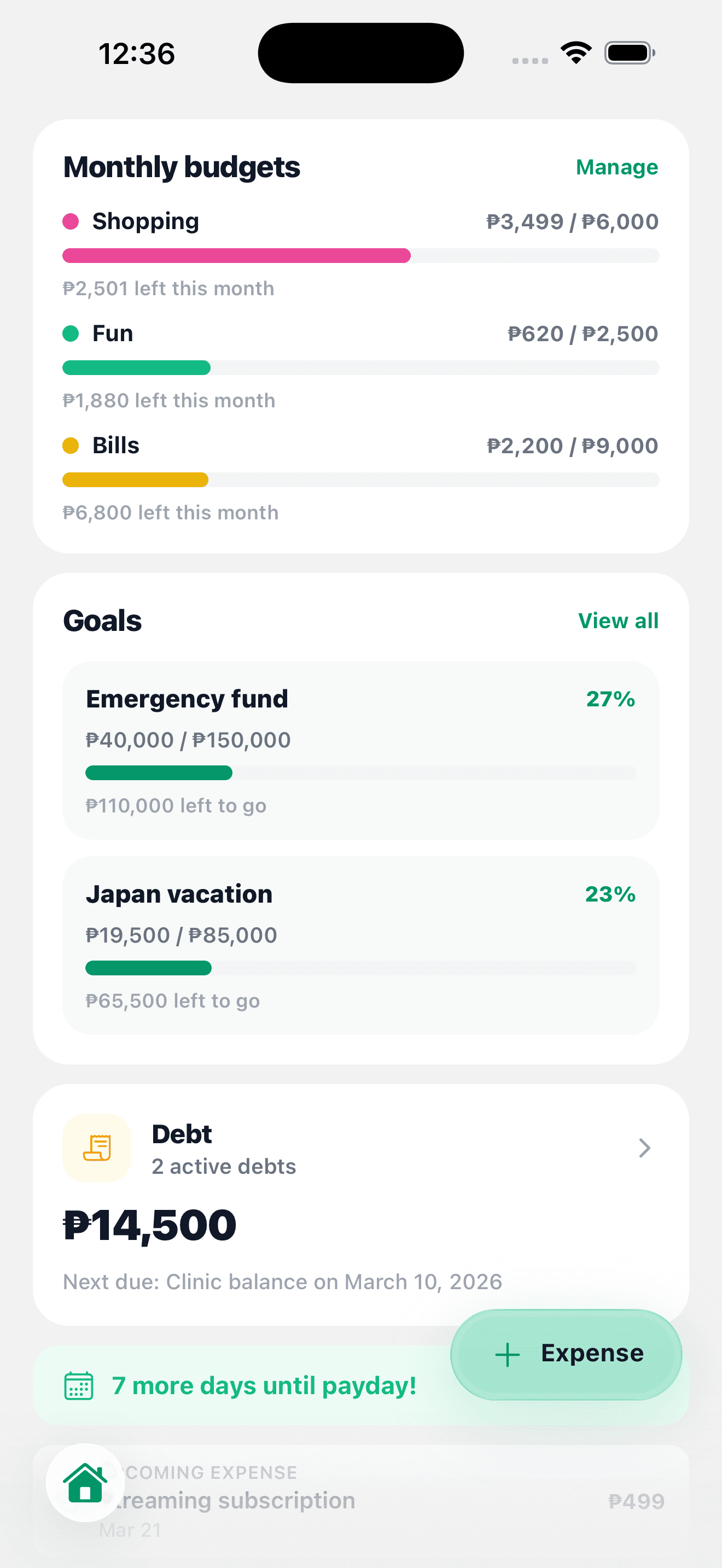 Tarsi home screen with summary cards