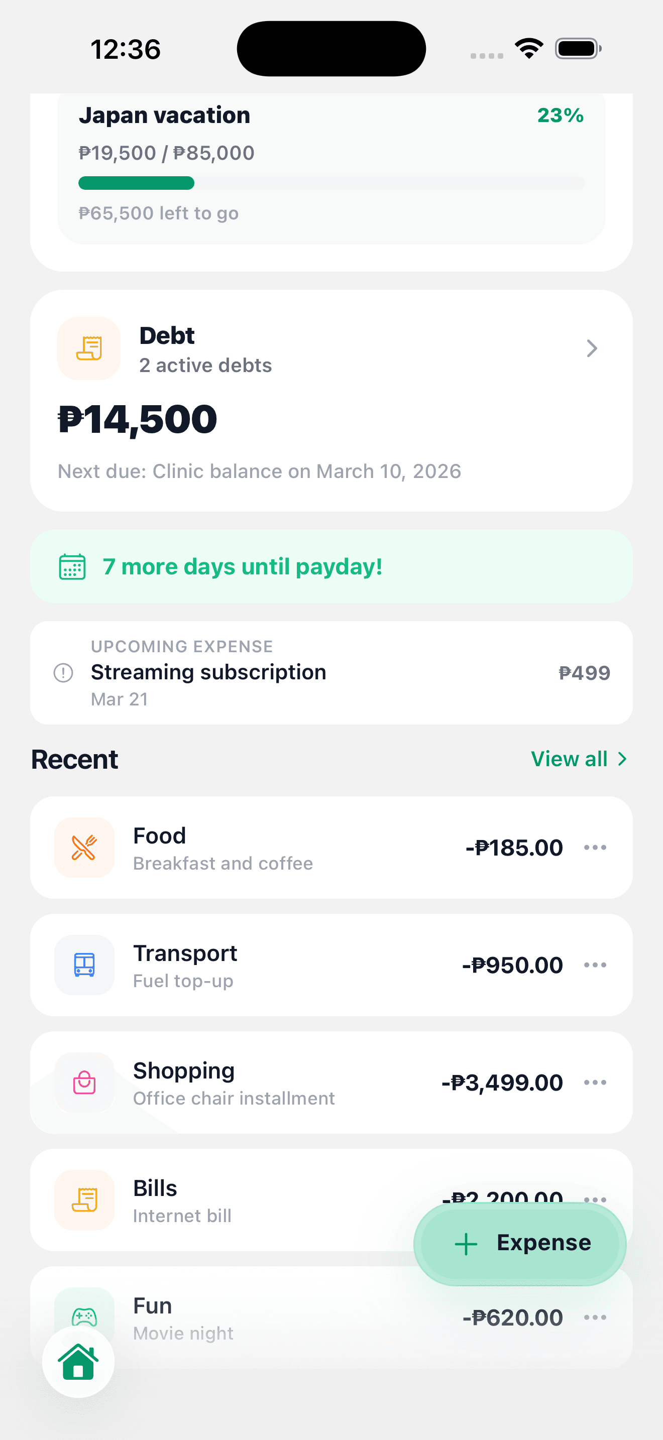 Keep bills, subscriptions, and repeating income in view.