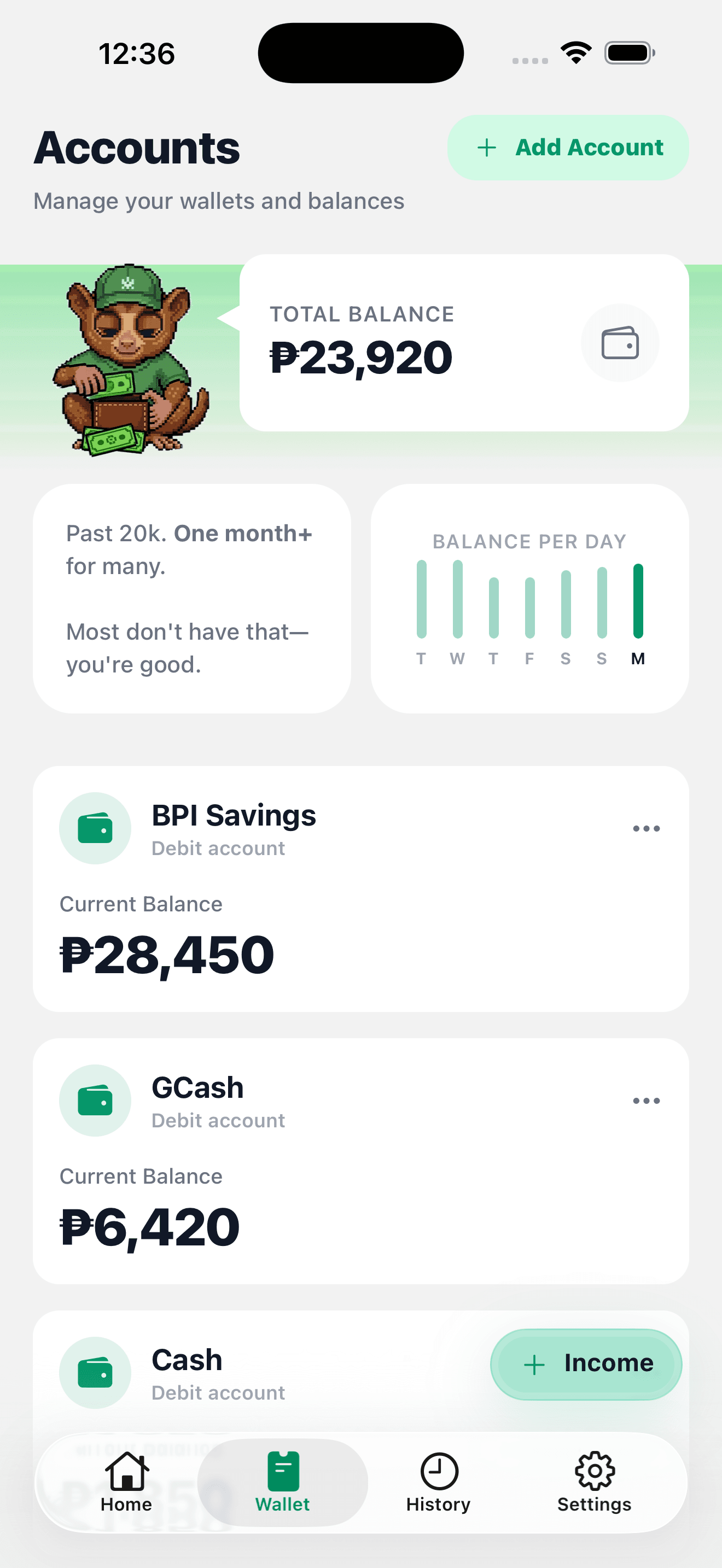 Tarsi wallet accounts screen